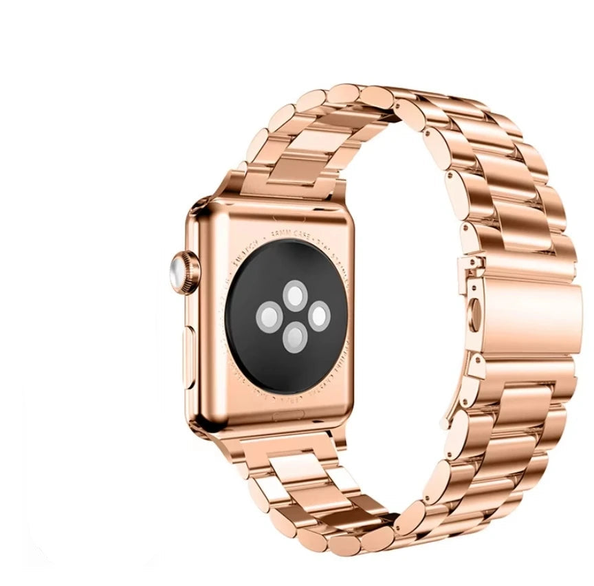 Rose gold smartwatch with metal band and screen protector on a white background